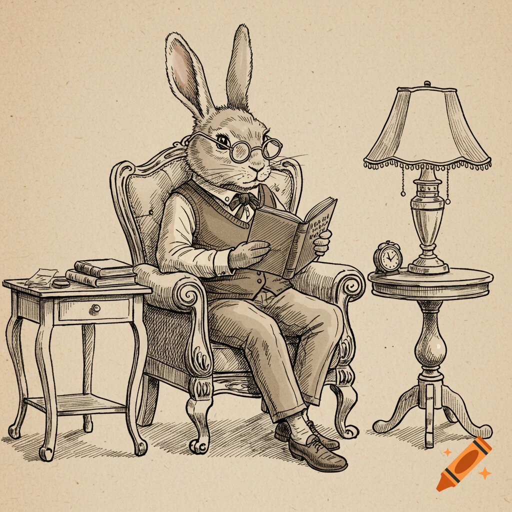 A pen and ink drawing of a distinguished rabbit in glasses and a vest reading a book in an armchair next to a side table with a lamp.