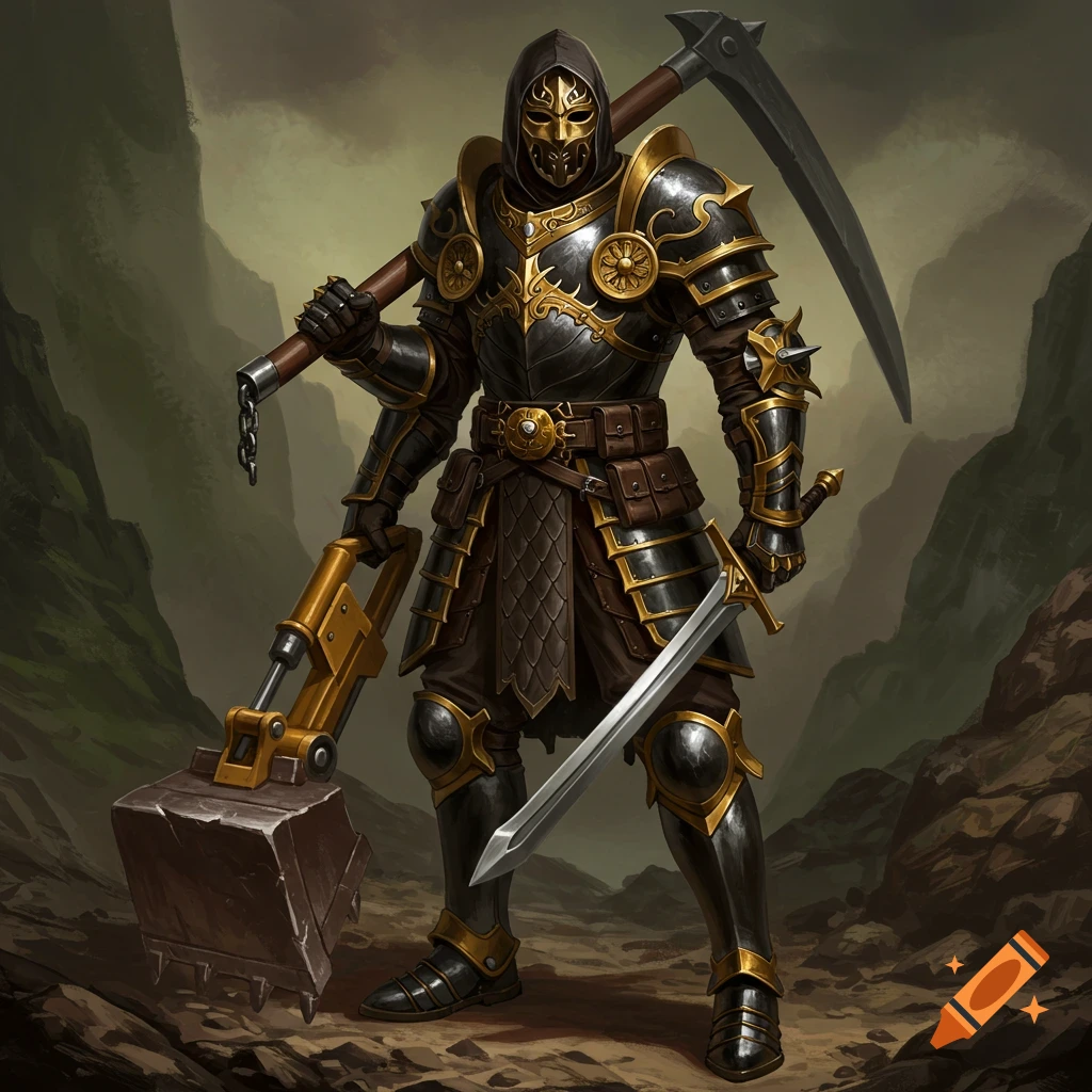 A man in black and gold armor and mask stands in a rocky landscape, holding a large digging tool, scythe, and sword.
