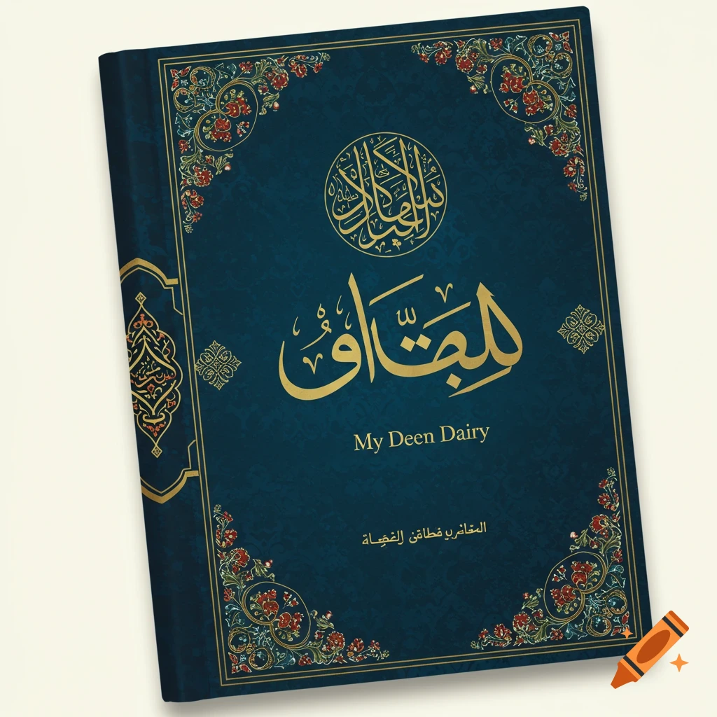 Dark blue book cover with gold Arabic calligraphy and floral patterns. Title: My Deen Dairy.