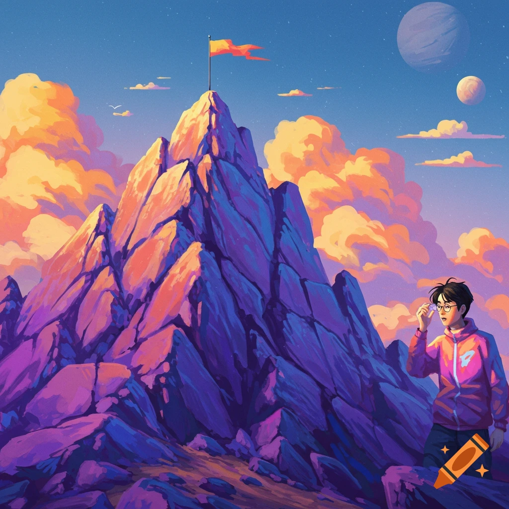 Person looking at mountain with flag under sky with planets.