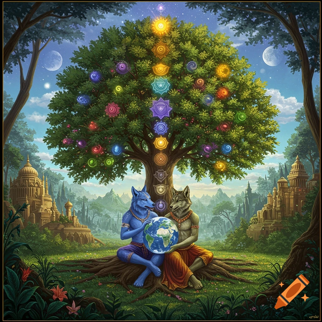 Blue coyote and grey wolf under a tree with chakras, holding Earth, with fantasy architecture and two moons in background.