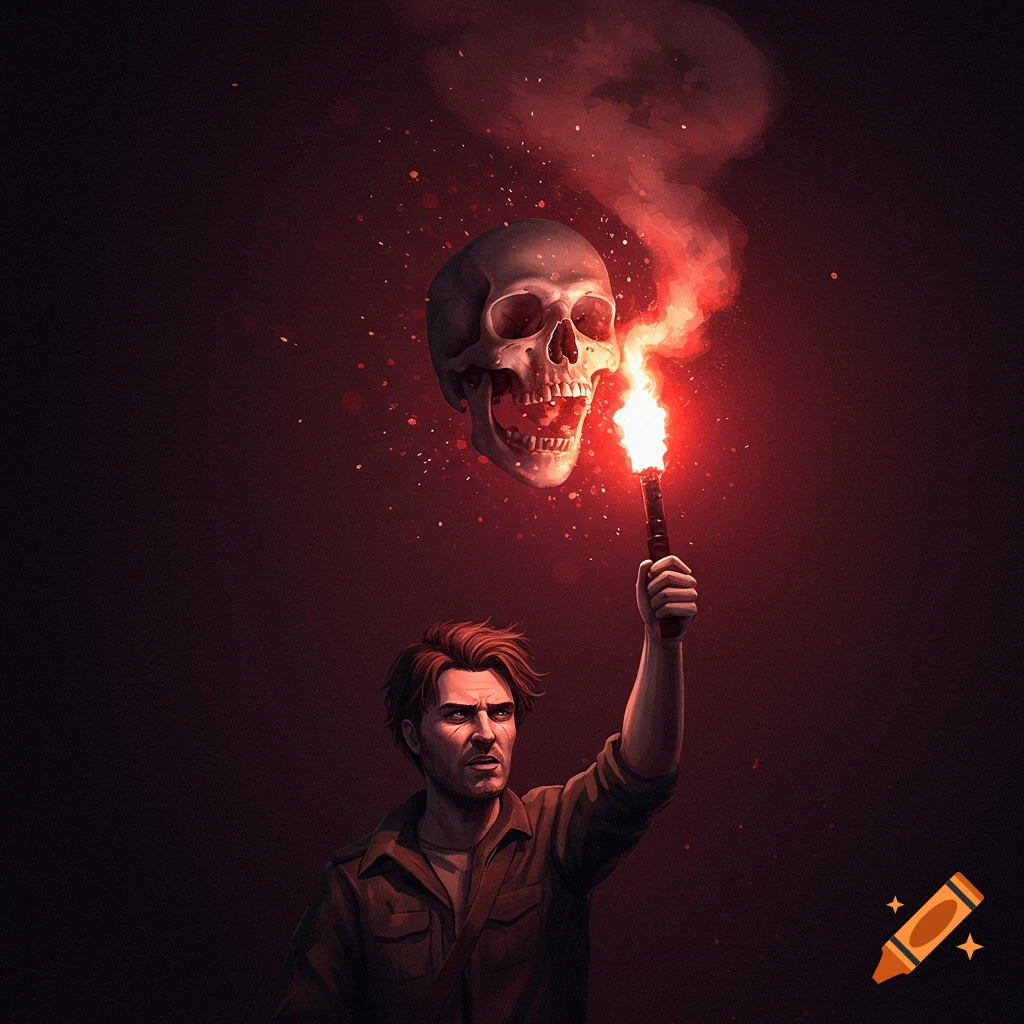 A man holding a flare with a floating skull above him.