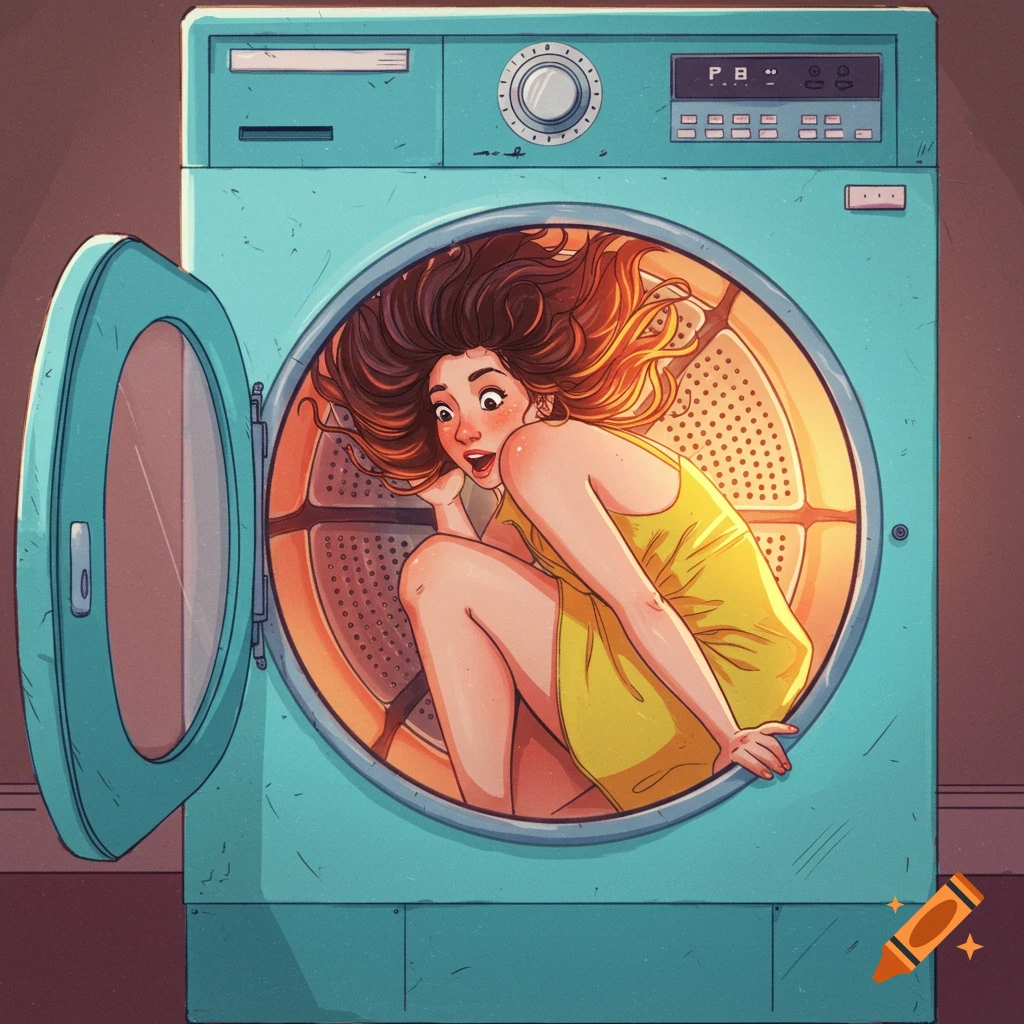 A surprised woman is curled up inside a large blue washing machine drum.