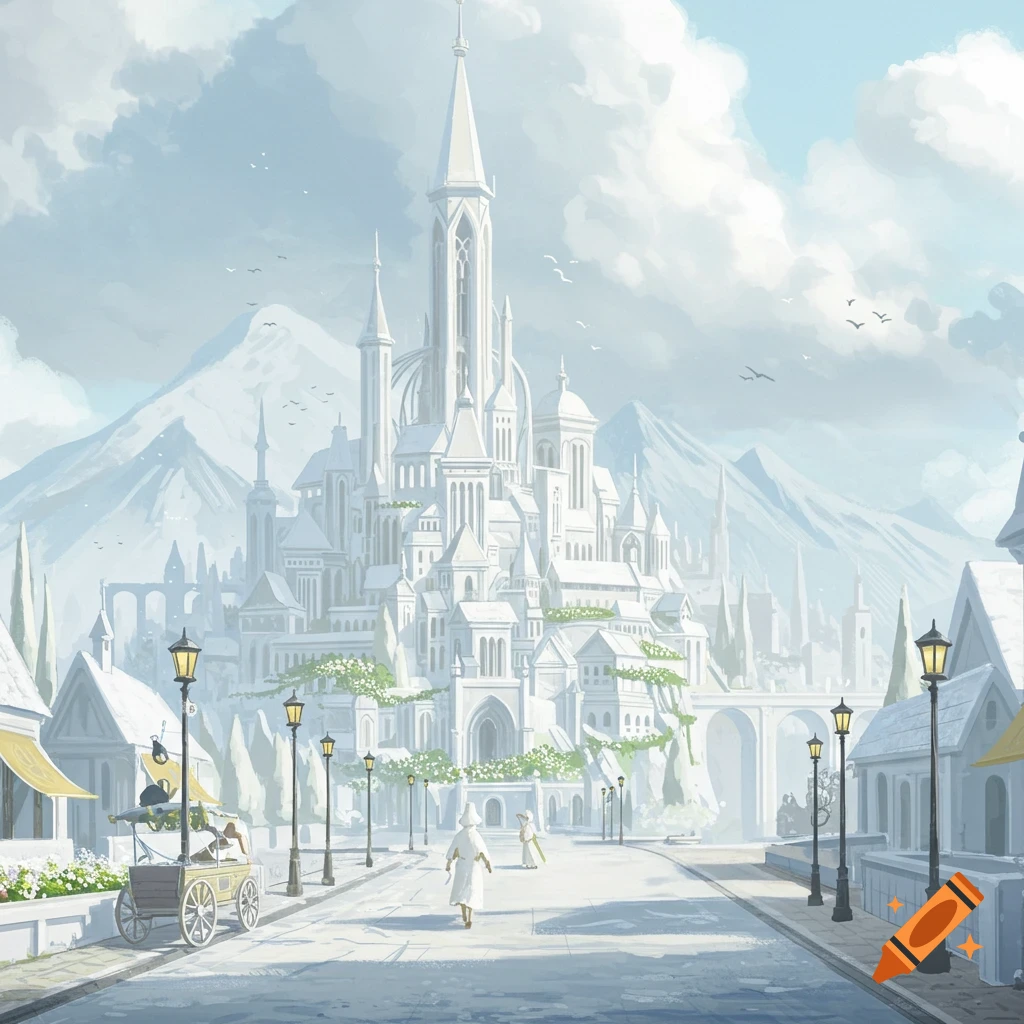 A grand white fantasy city nestled in mountains, viewed from a street with figures and a cart.