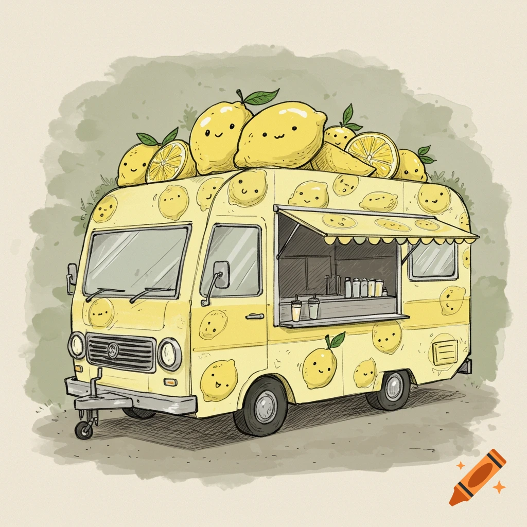A sketch-style illustration of a yellow lemonade food truck covered in cartoon lemons.