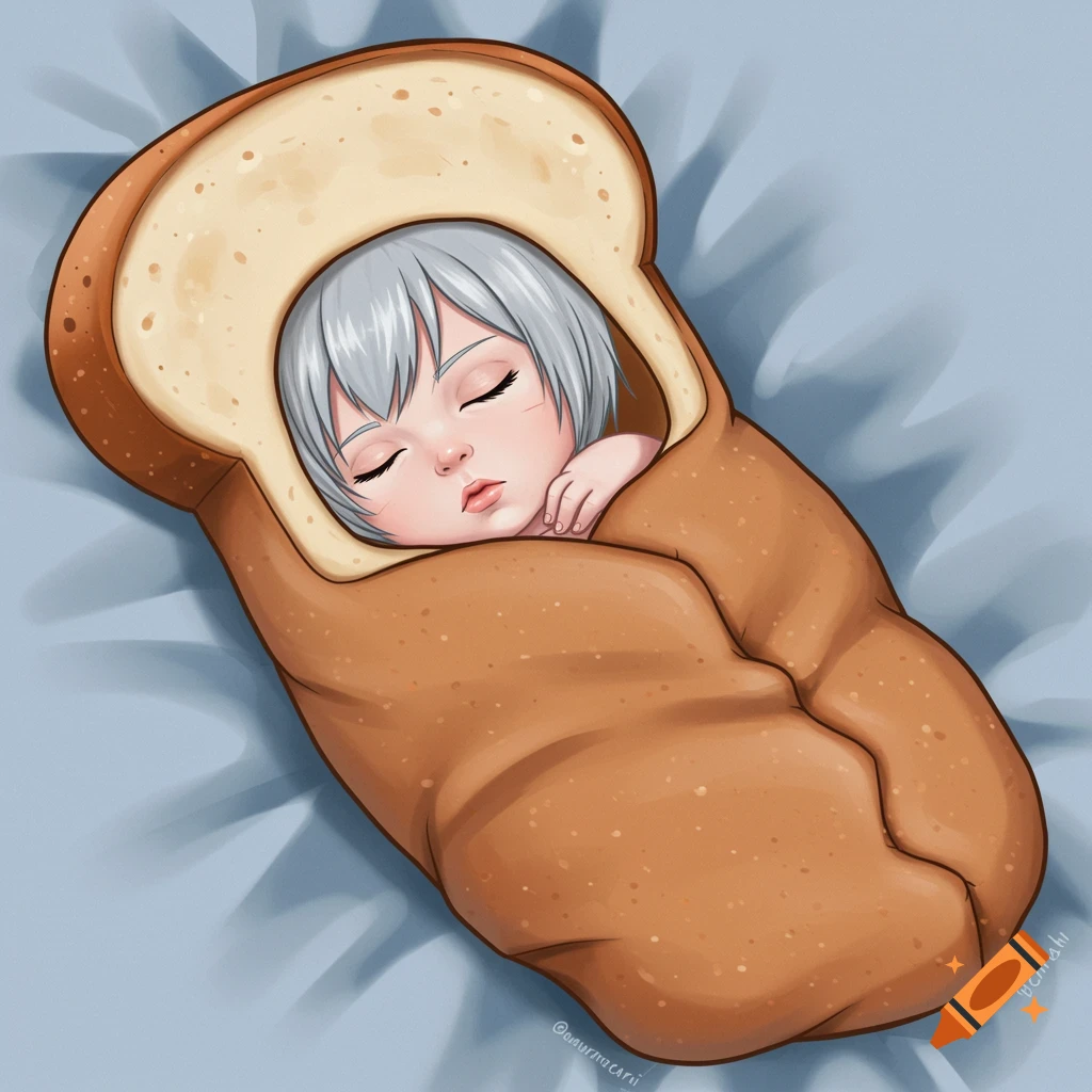 Anime illustration of a baby sleeping swaddled in a bread slice on a blue blanket.