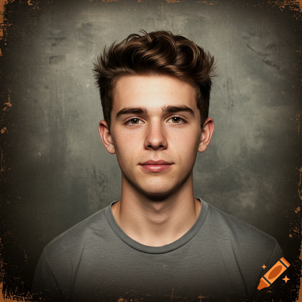 Studio portrait of a young man with brown hair and eyes against a textured background with a distressed border.