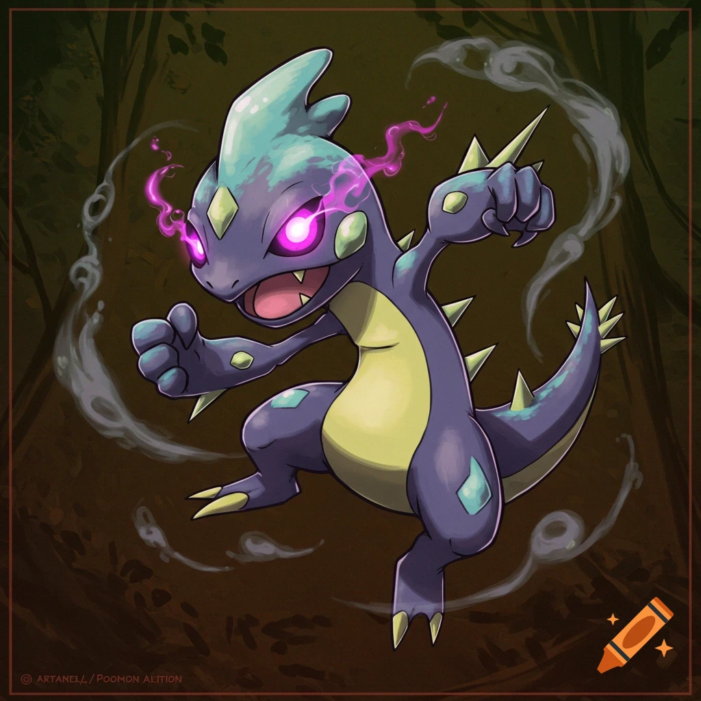 Purple and green creature with glowing purple eyes in an action pose, surrounded by smoke effects, in a dark forest.