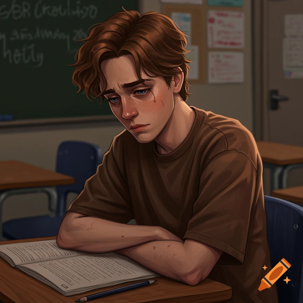 A sad teenager looking down at schoolwork in a classroom.