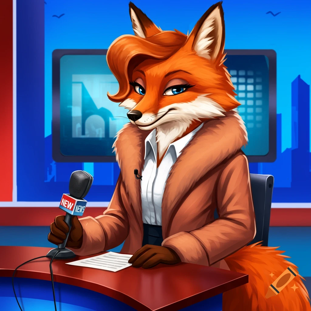 An anthropomorphic female fox news anchor is seated at a desk, holding a microphone.