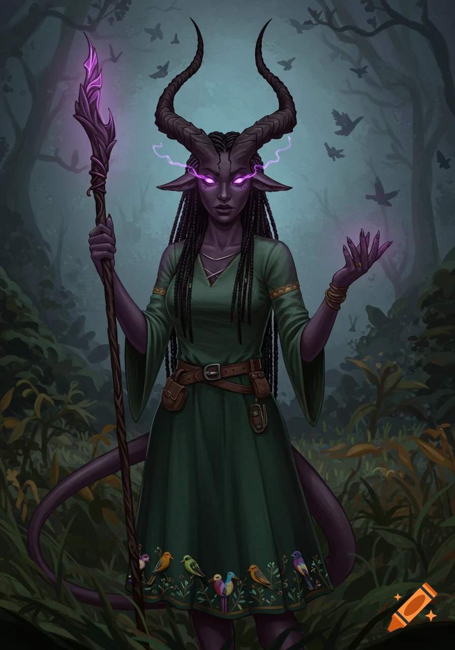 A tiefling woman with horns, purple skin, and glowing eyes, holding a staff and casting magic in a forest.