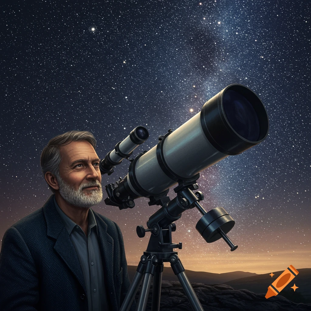 An astronomer looks through a telescope at a starry night sky over a landscape.