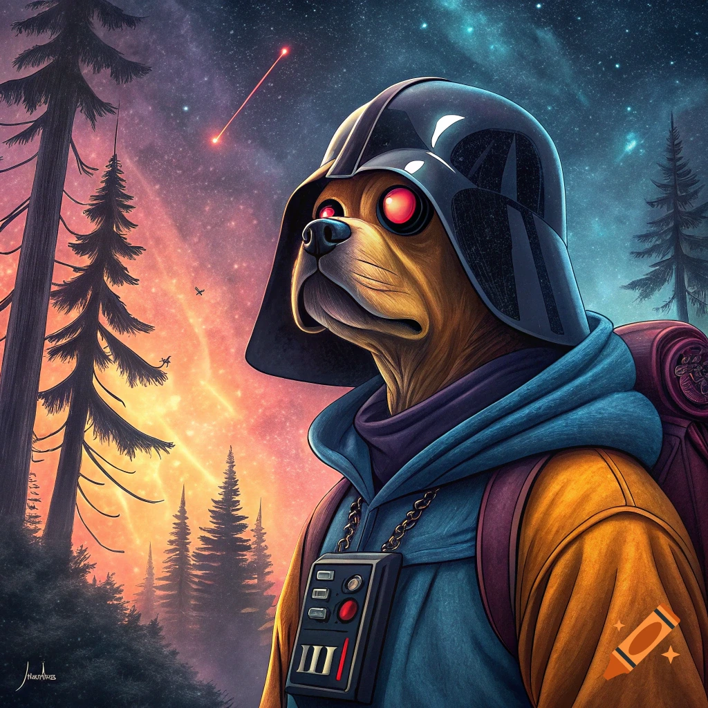 A dog wearing a Darth Vader helmet and backpack stands in a forest under a starry, colorful sky with a shooting star.