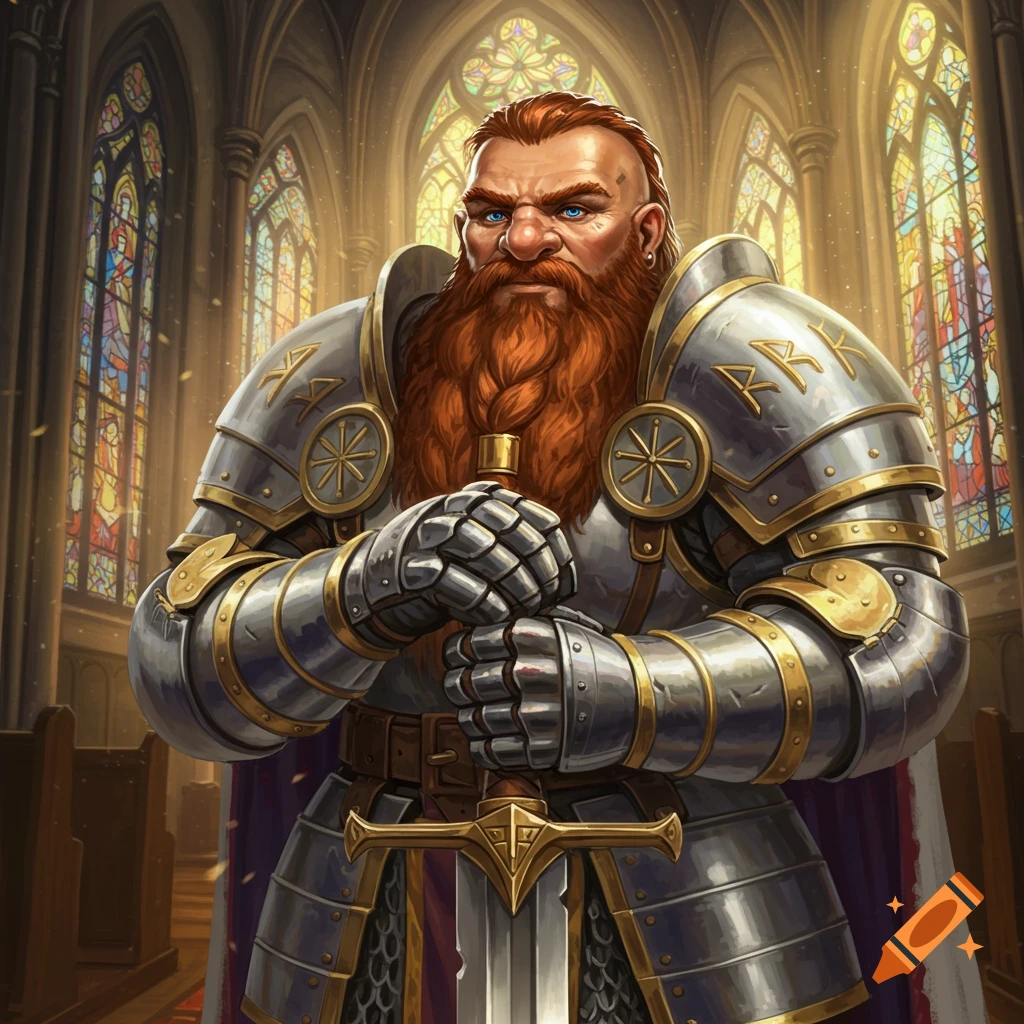 A dwarf paladin in shining armor holding a sword inside a church.