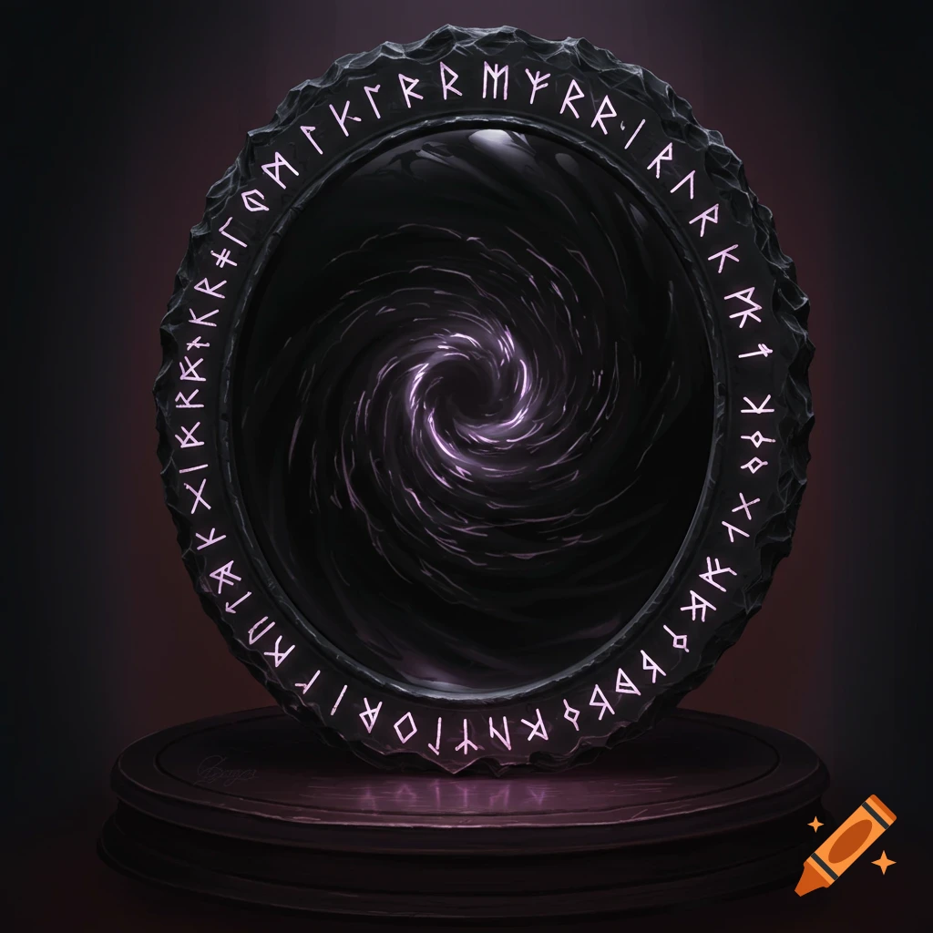 A black obsidian mirror with glowing purple runes and a swirling vortex inside, on a wooden stand.