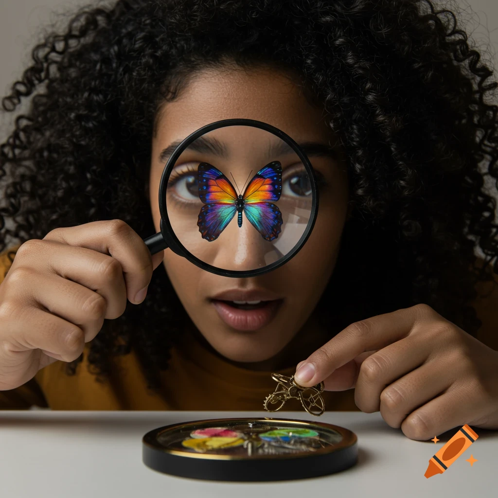 A young person looks through a magnifying glass at a colorful butterfly.