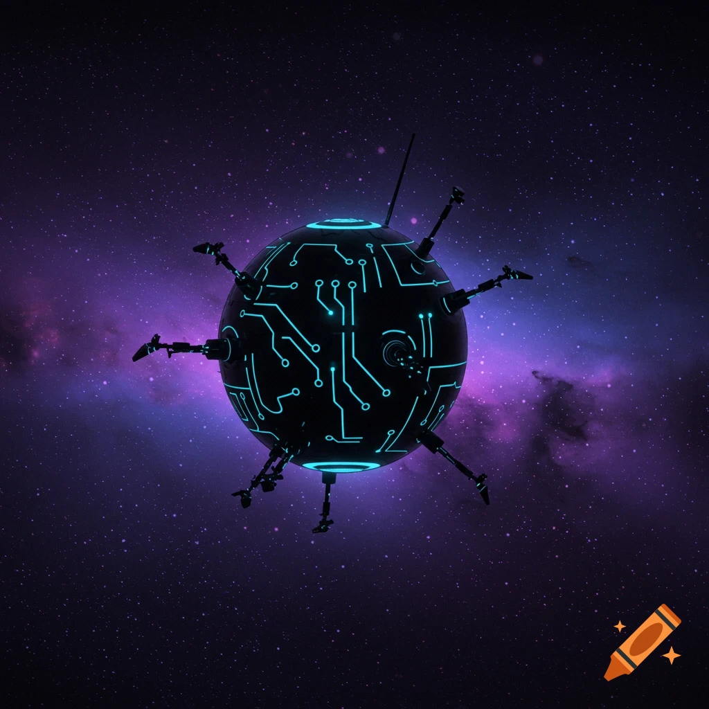 A black spherical probe with blue circuitry is in space.