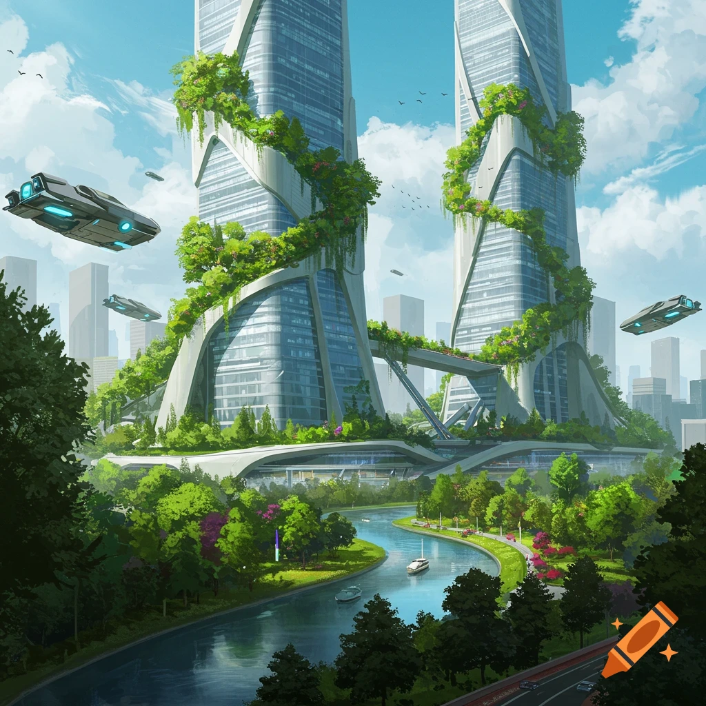 A futuristic city skyline featuring towering structures adorned with lush greenery, a winding river, and vehicles suspended in the air.
