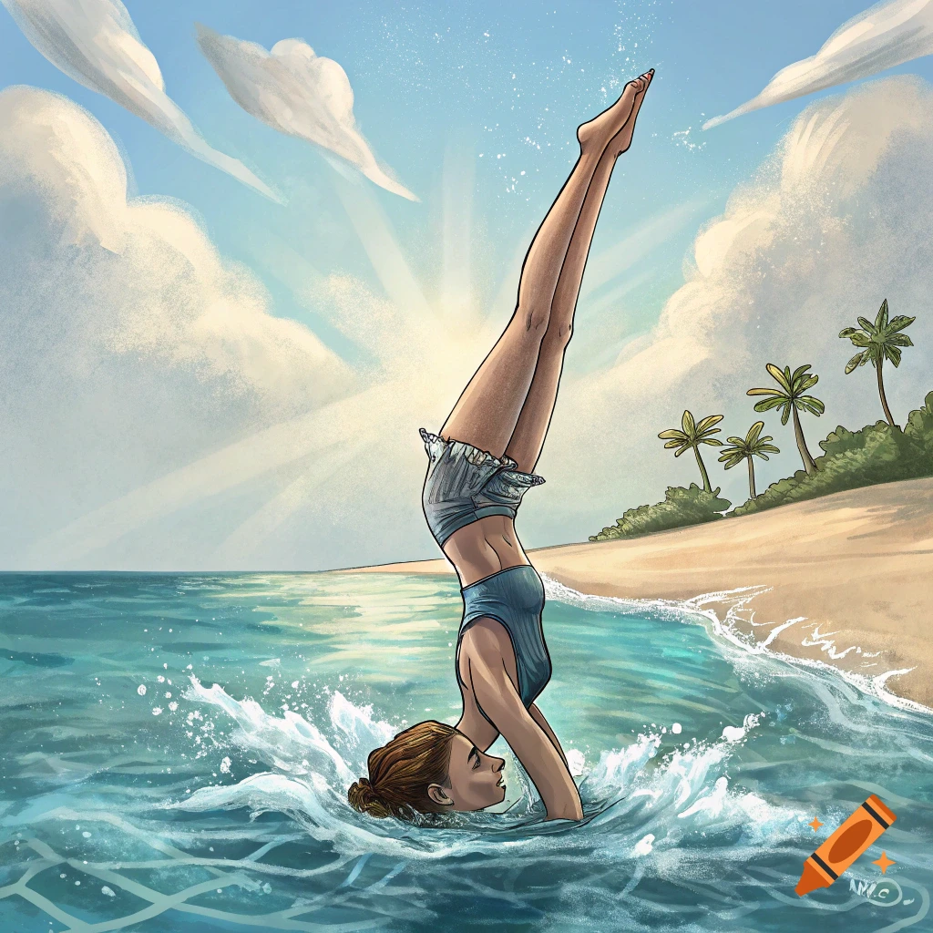 Illustration of a woman doing a headstand in the ocean at the beach.