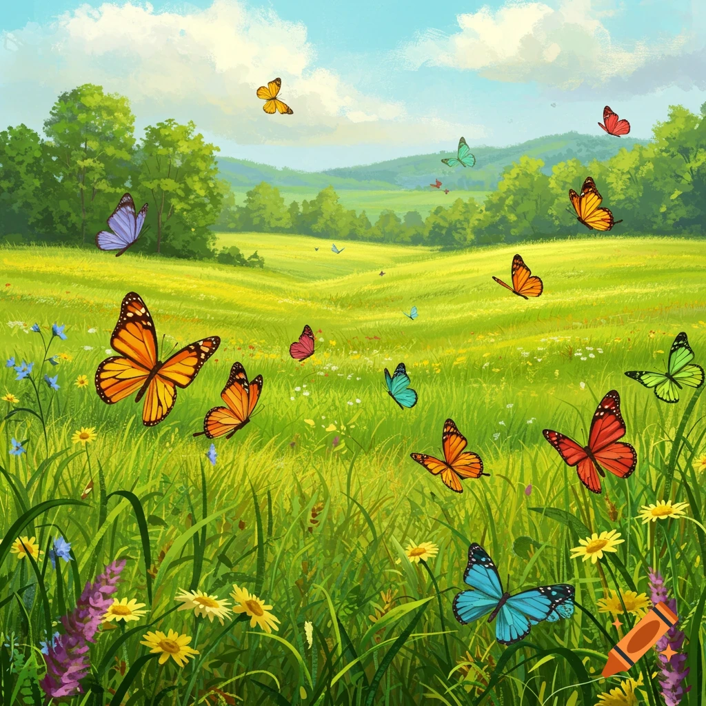 A vibrant meadow filled with colorful wildflowers and numerous butterflies fluttering under a blue sky with clouds.