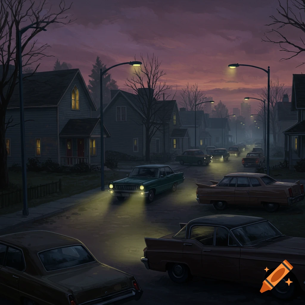 A dark suburban street with vintage cars in a traffic jam at twilight.