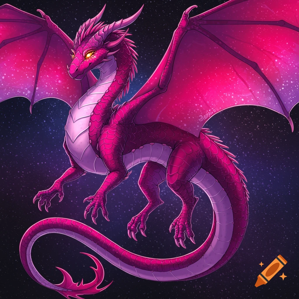 A pink and magenta dragon flying in space.