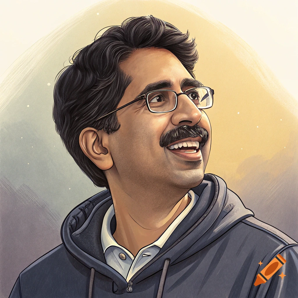 Stylized portrait of a man with mustache, glasses, and hoodie looking up and smiling.