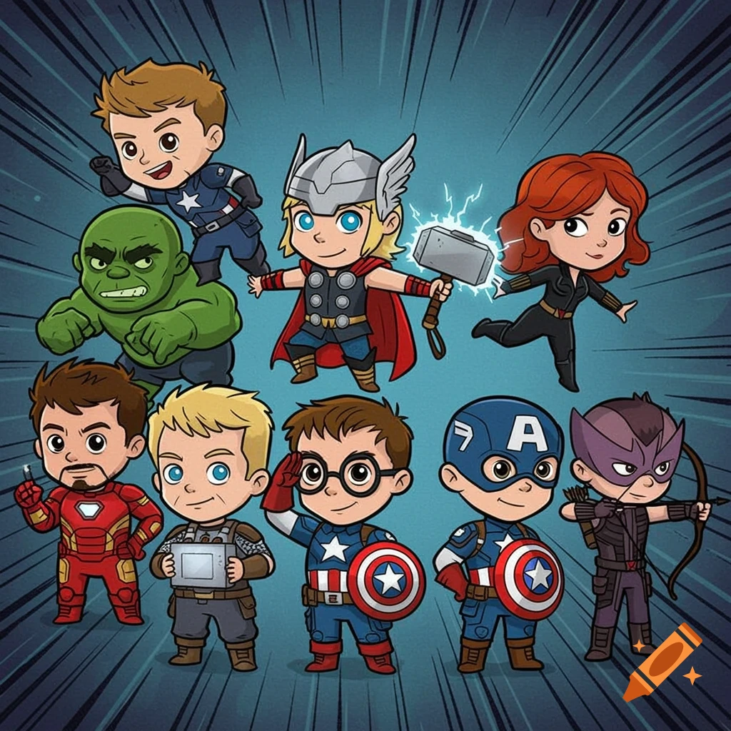 Chibi cartoon depiction of The Avengers characters in their costumes against a comic background.