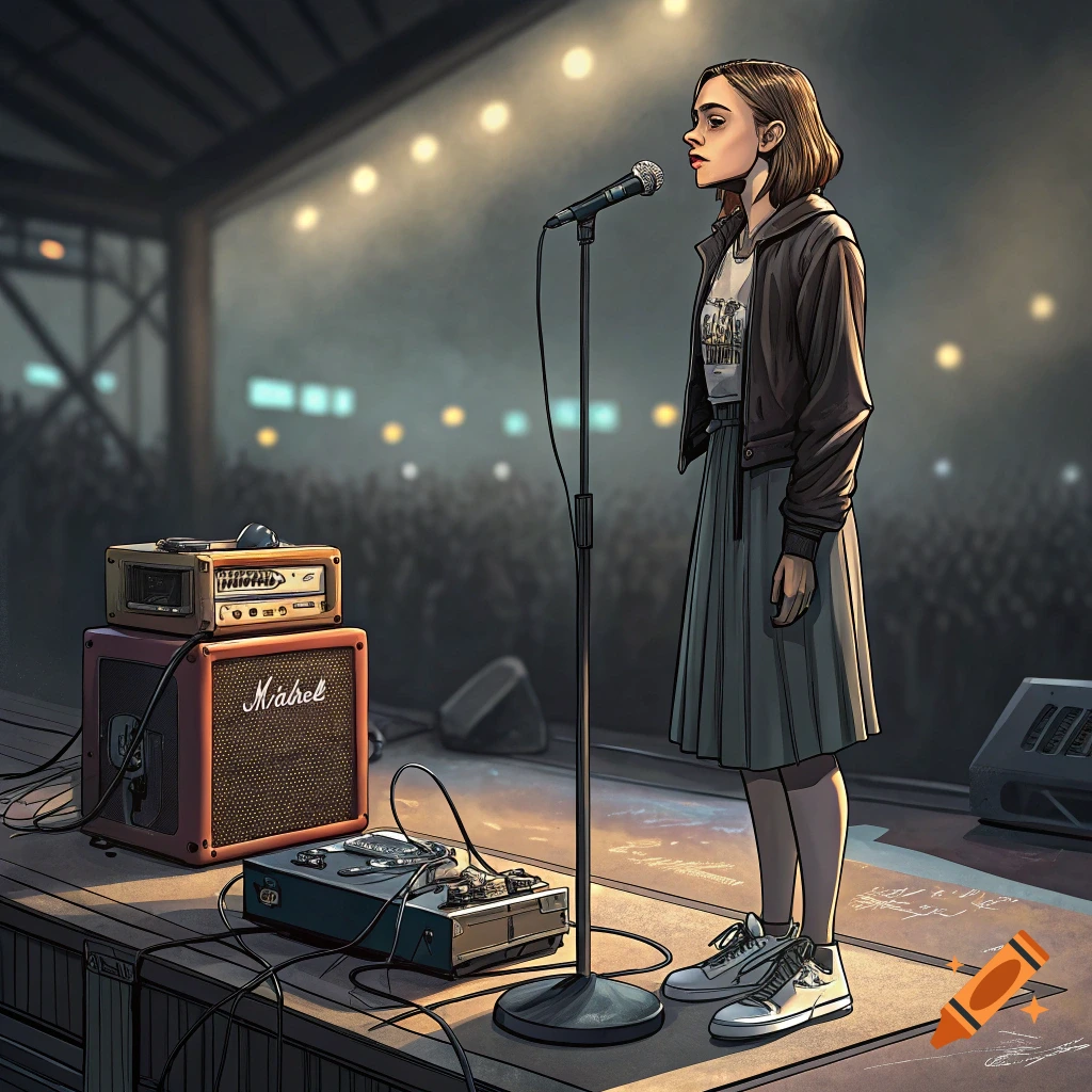 Illustration of a woman standing on stage with a microphone and musical equipment.