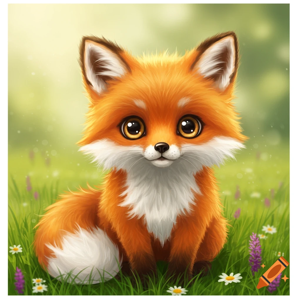 A cute, fluffy cartoon fox with big eyes sits in a grassy field.