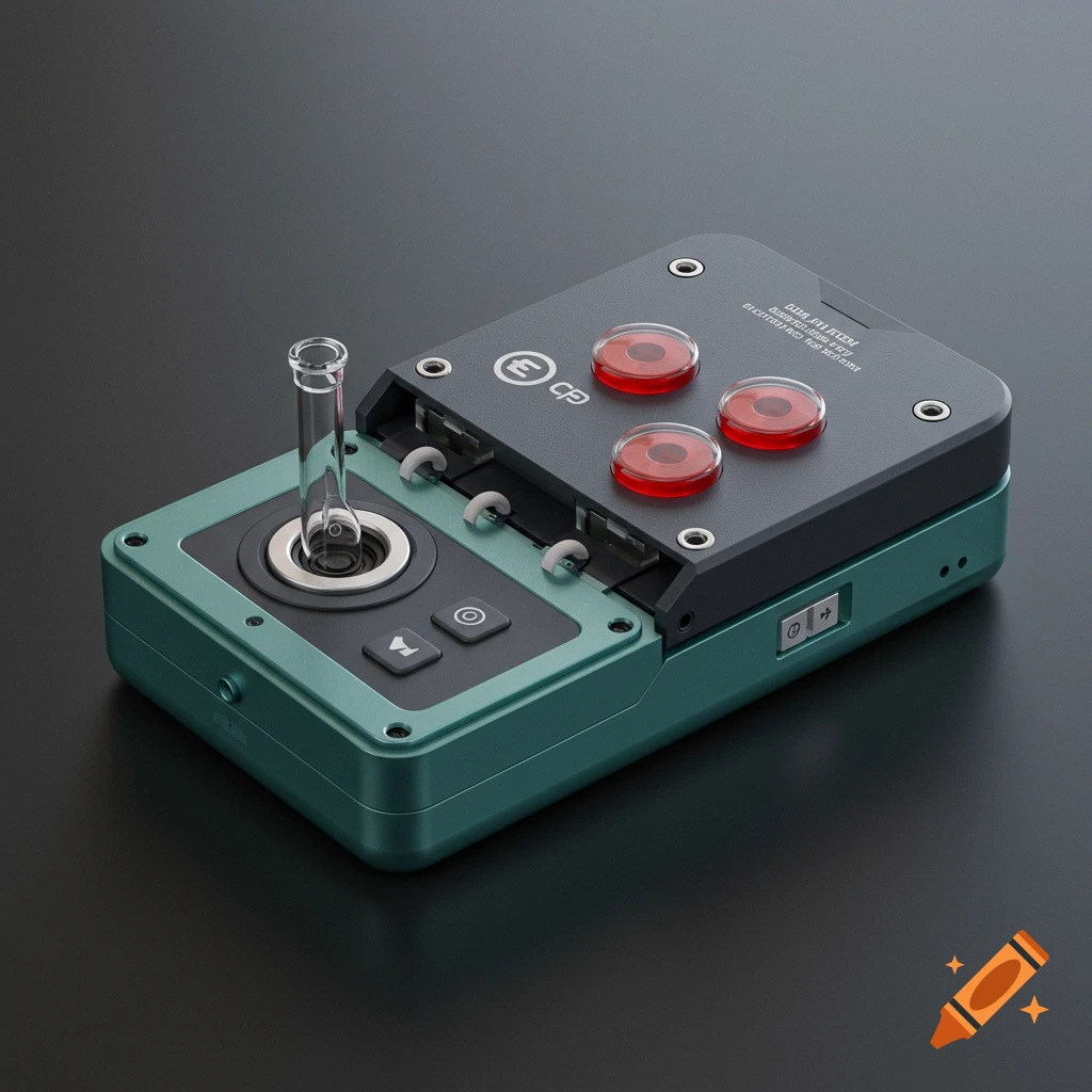 Close-up render of a portable scientific device with red buttons and glass tube.