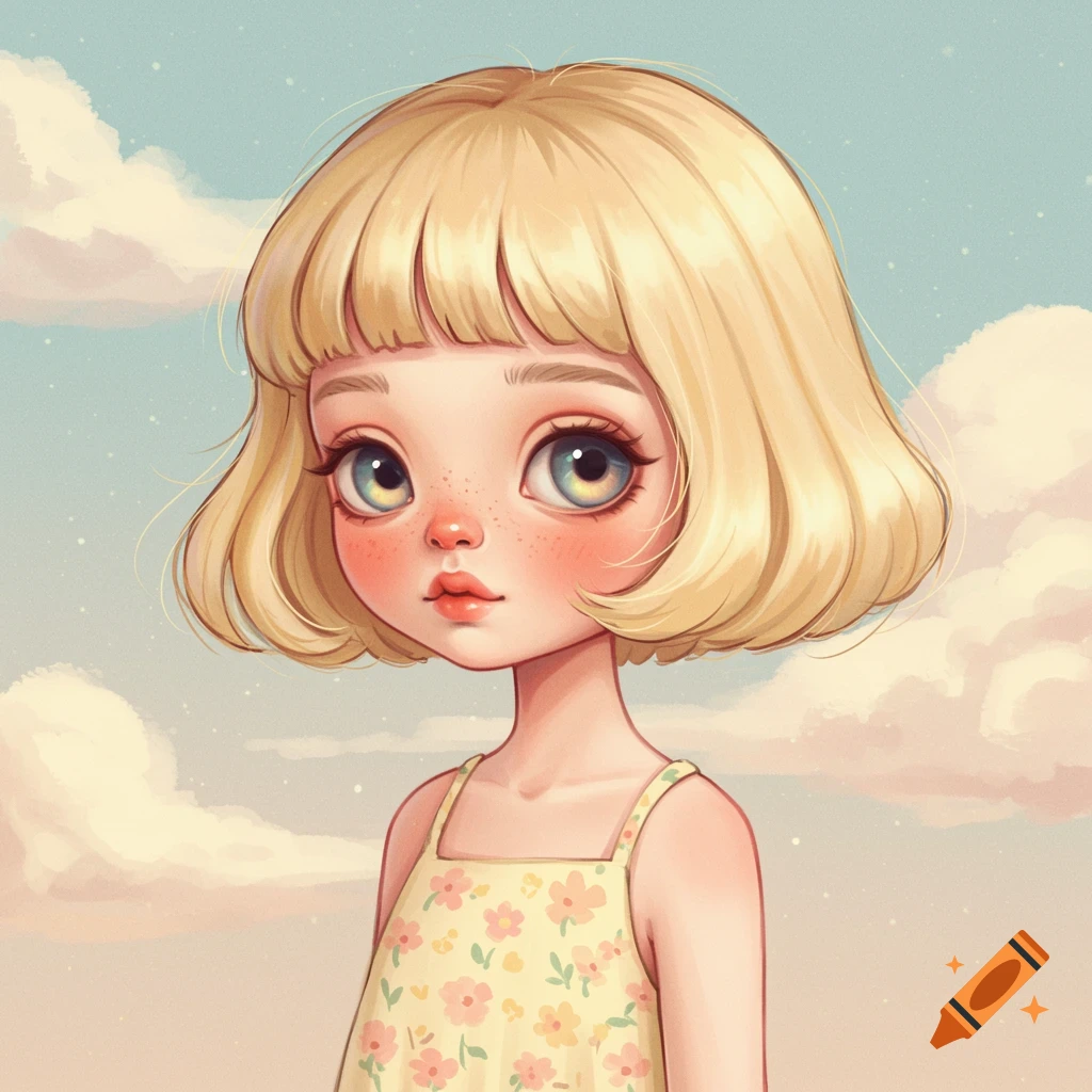A blonde girl with large eyes and a bob haircut wears a floral dress against a pastel sky.