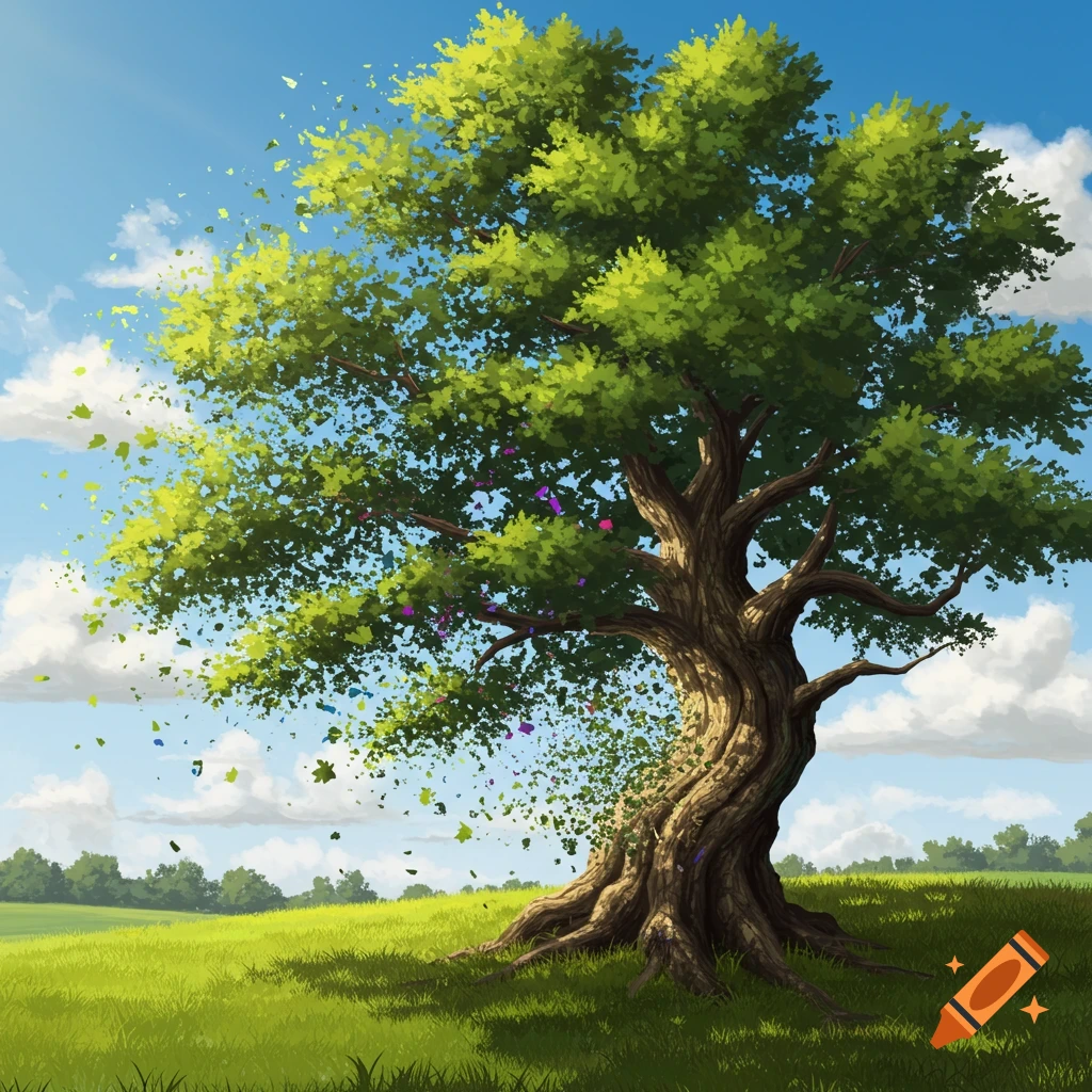 A large tree in a field, dissolving into speckles blowing in the wind.