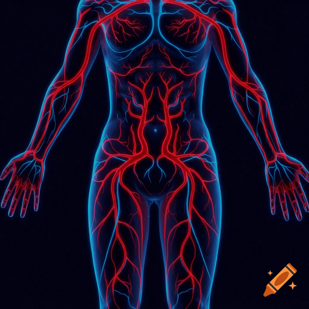 Stylized digital art showing the human vascular system in red and blue lines on a dark background.
