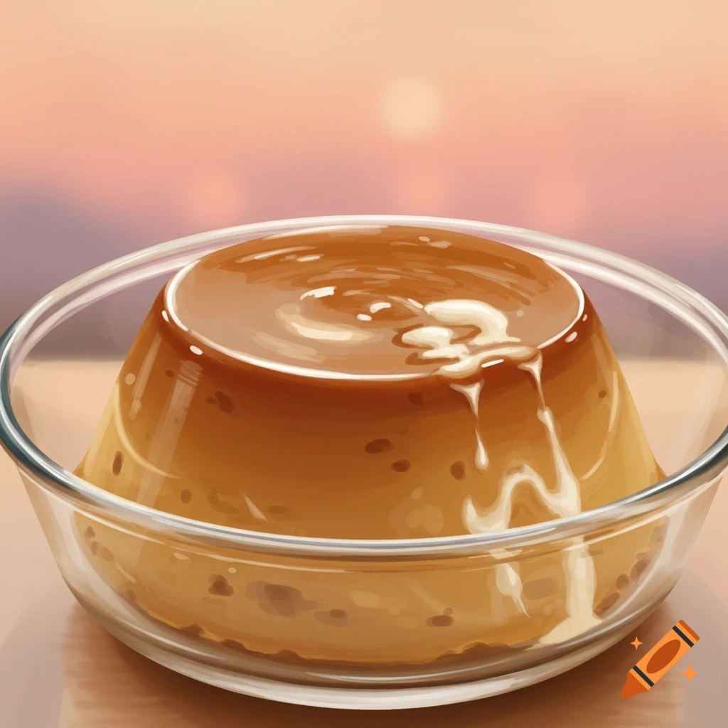 Flan dessert in a glass bowl with sauce against a sunset background.
