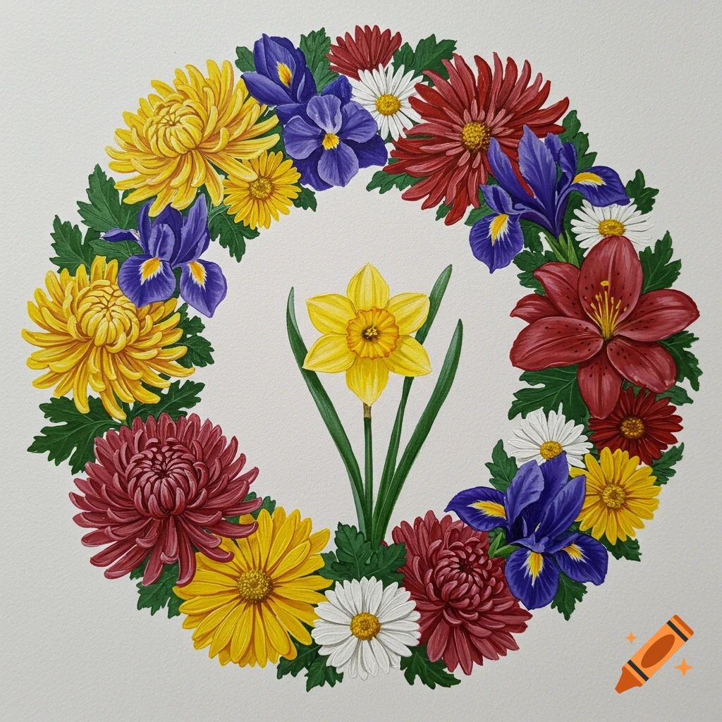A painted wreath of colorful flowers and green leaves surrounds a bright yellow daffodil.