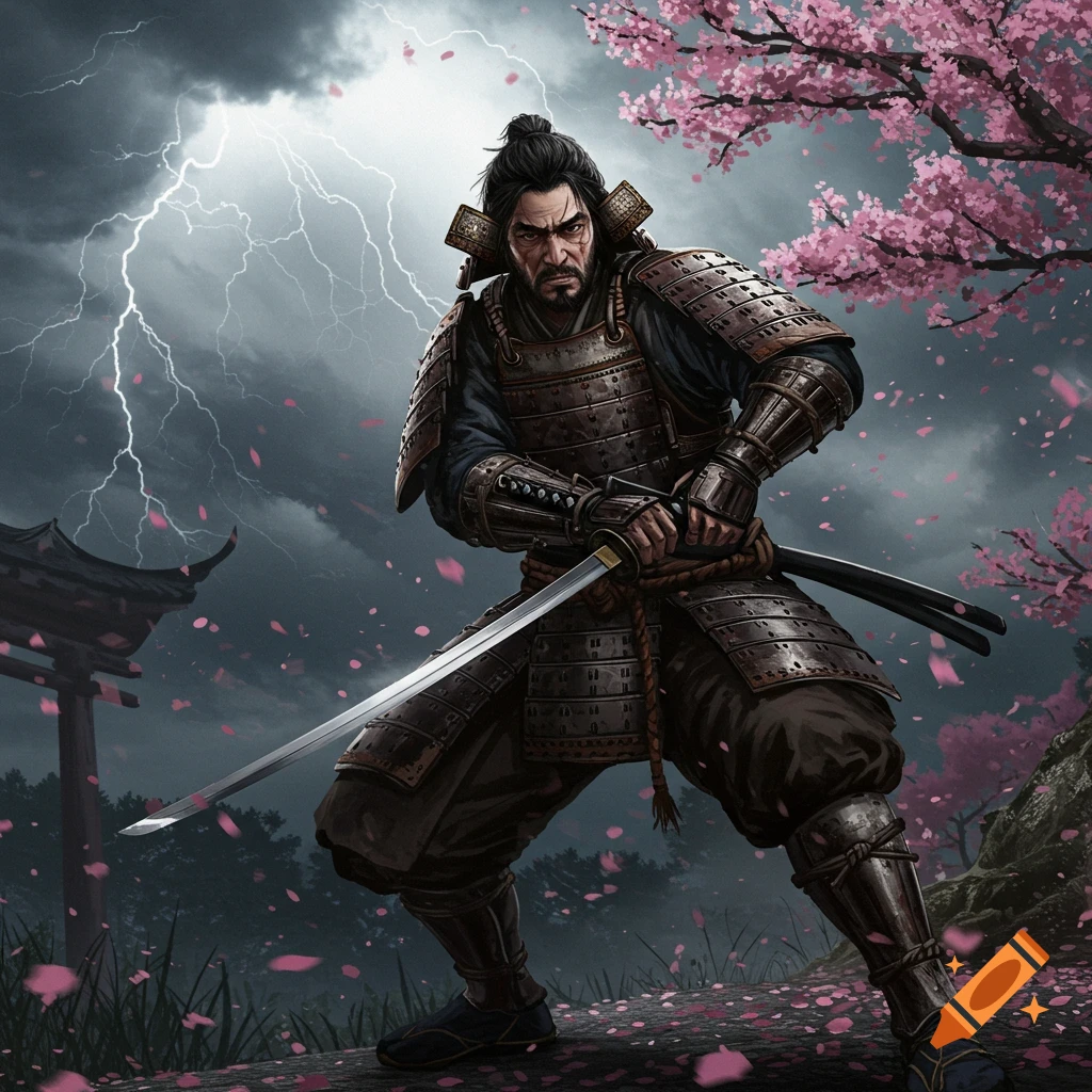 A samurai draws swords during a storm with cherry blossoms.
