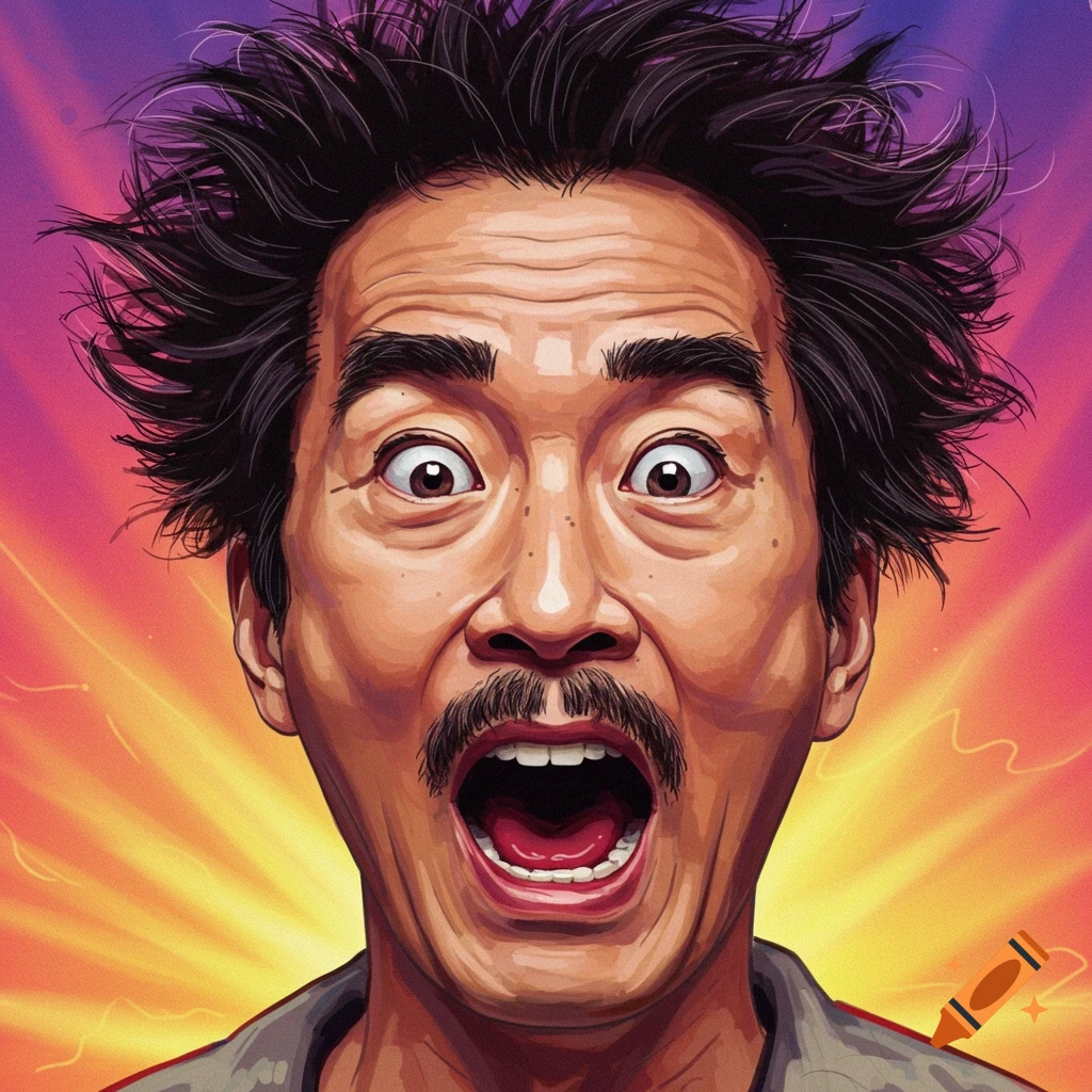 A man looking flabbergasted with wide eyes and open mouth against a vibrant background.