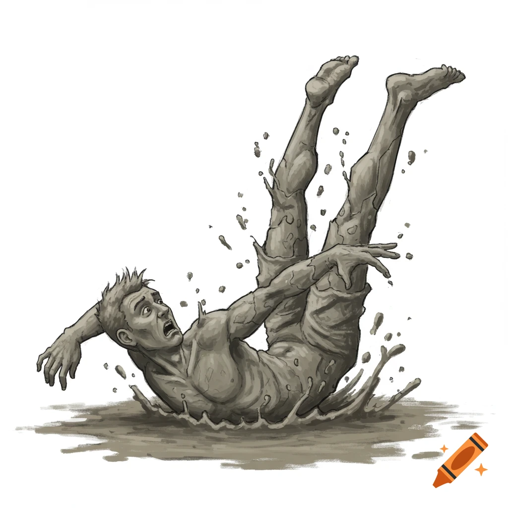 Illustration of a man falling backwards into mud or cement, getting covered in splashes.