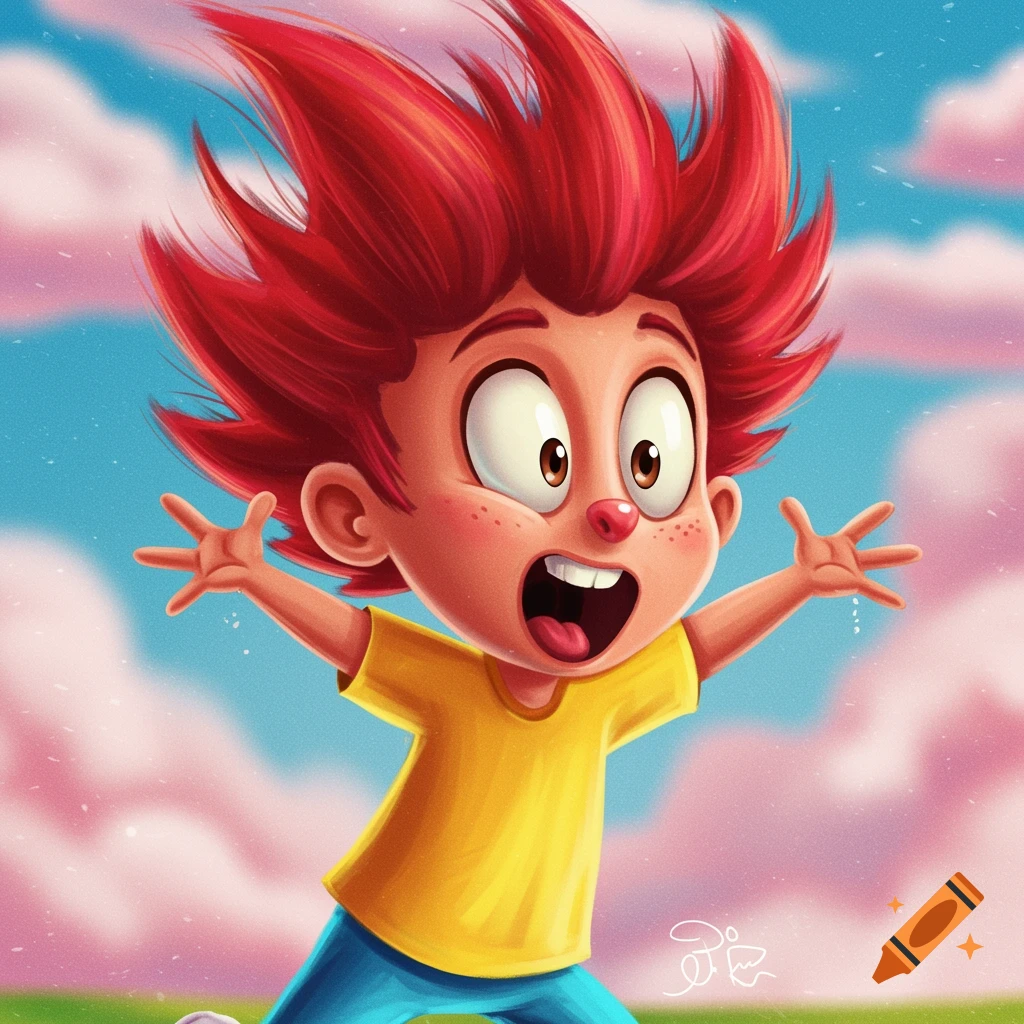 Cartoon boy with spiky red hair, yellow shirt, blue pants, hands up in surprised expression against cloudy sky.