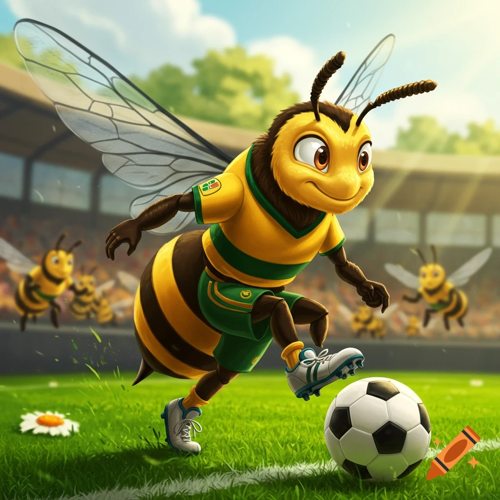 Cartoon bee in a soccer uniform dribbling a ball on a grassy field.