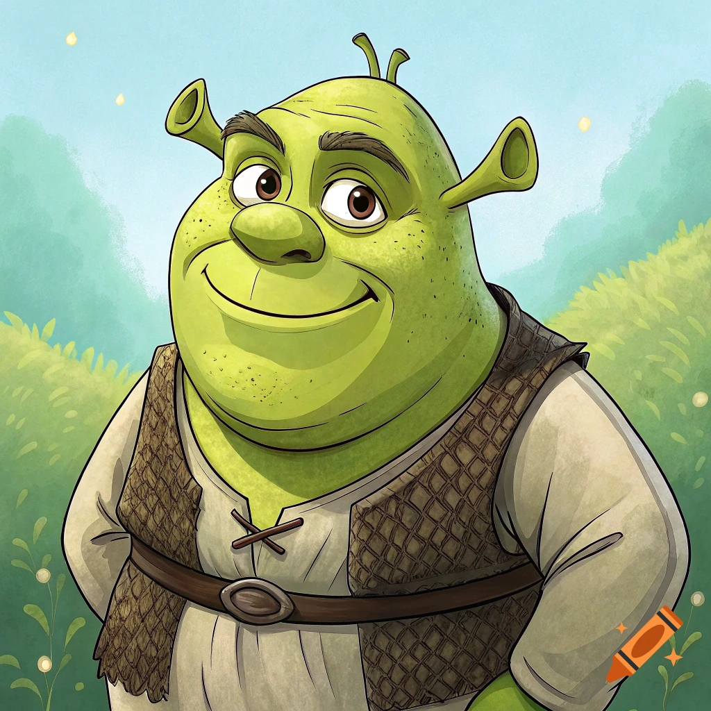 A cartoon portrait of Shrek smiling in a grassy field.
