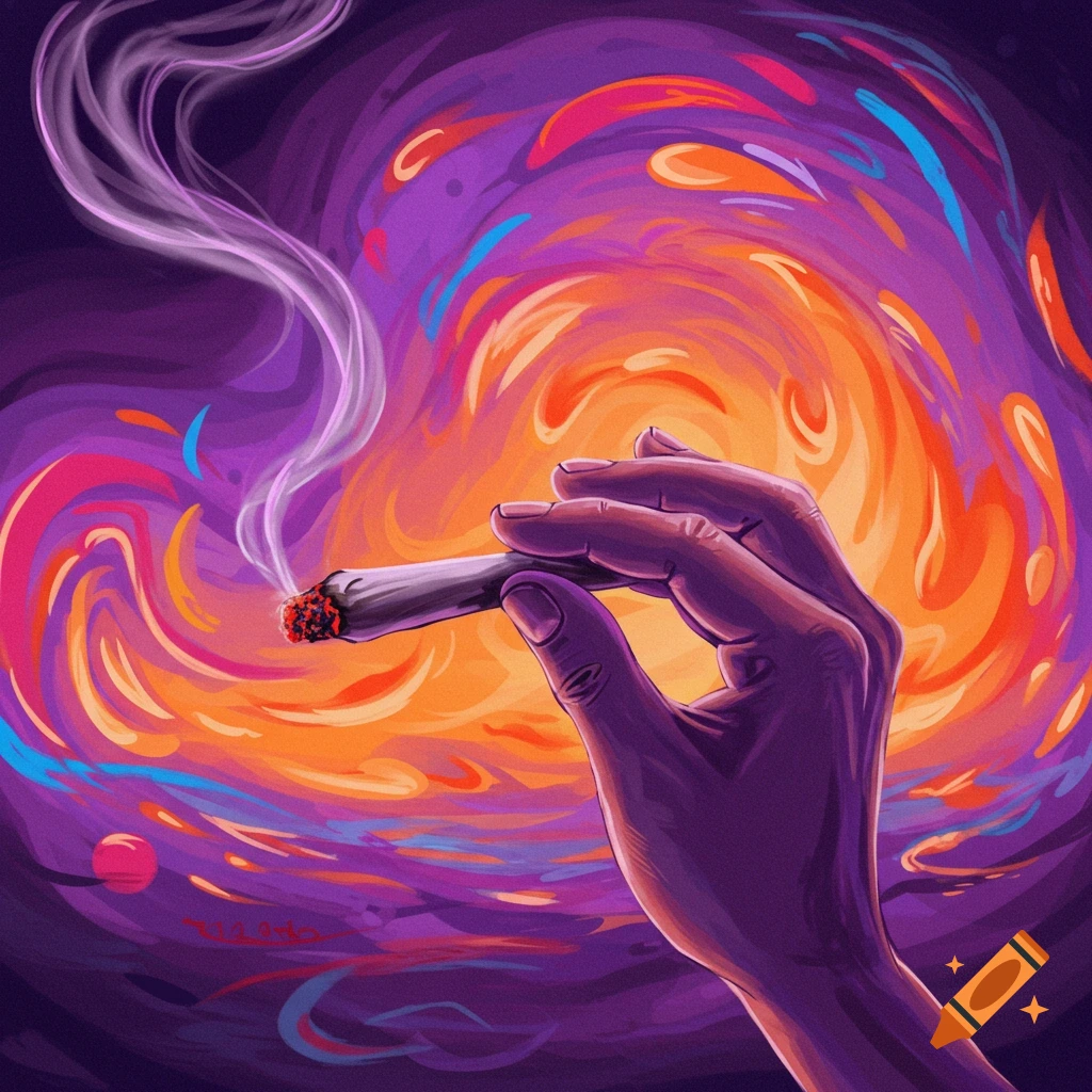 A hand holds a smoking joint against a psychedelic background.