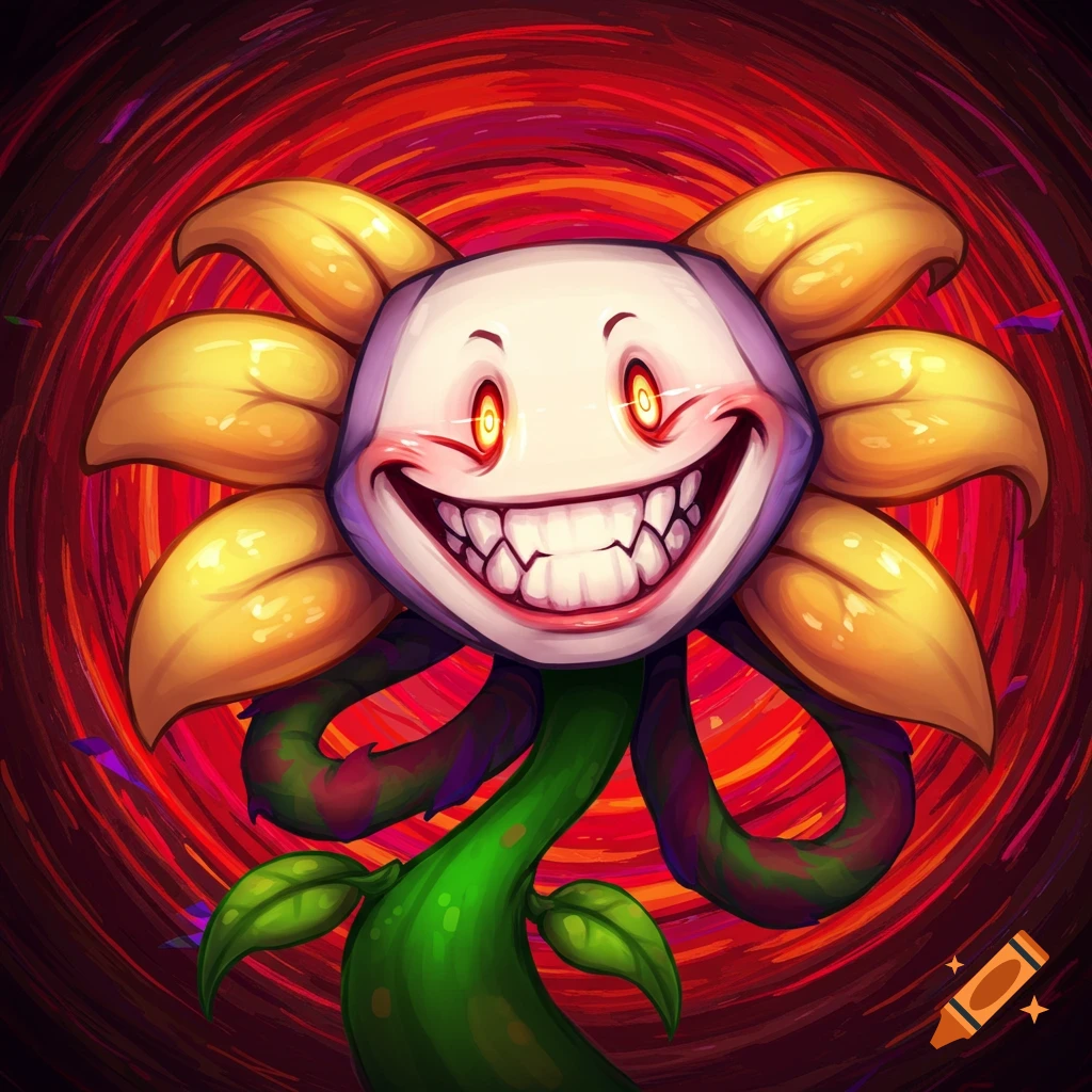 Flowey the flower with a sinister grin against a swirling red background