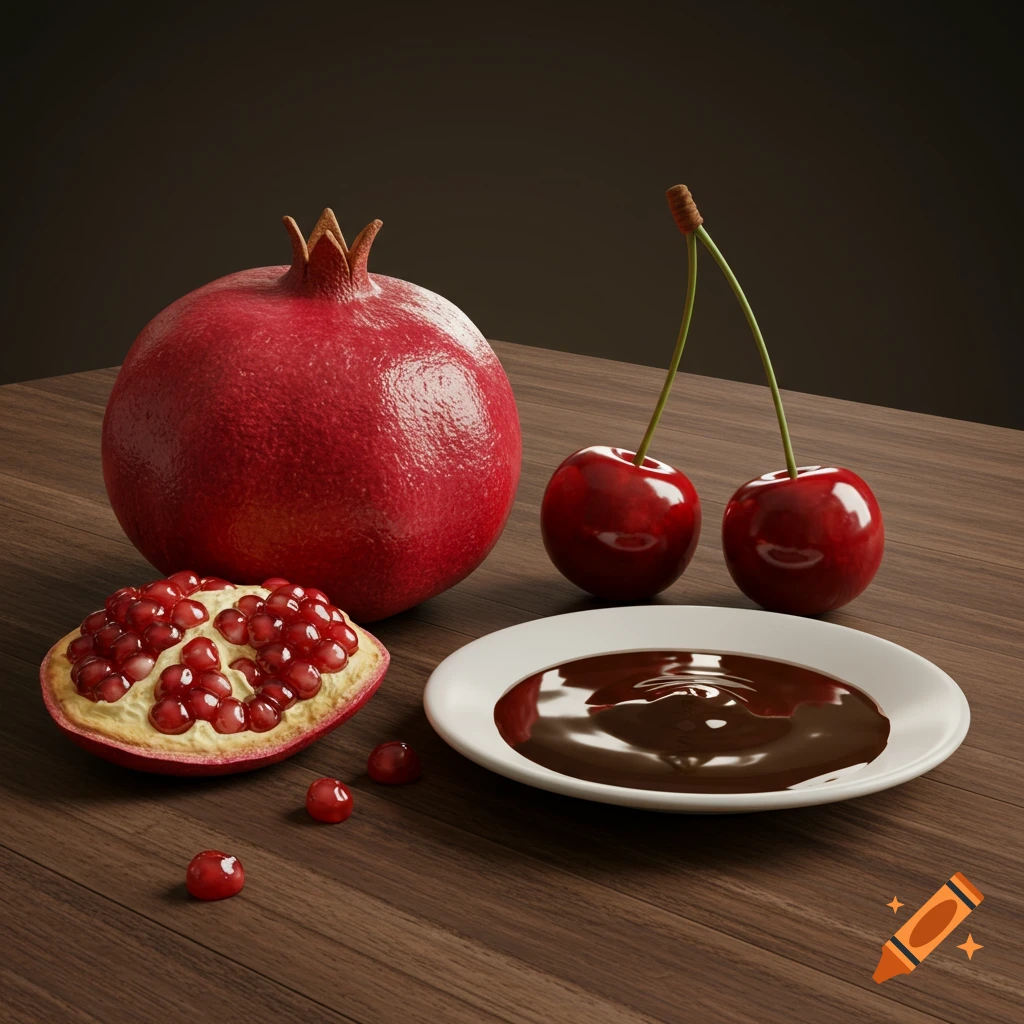 3D render of pomegranate, cherries, and chocolate sauce on a plate on a wooden table.