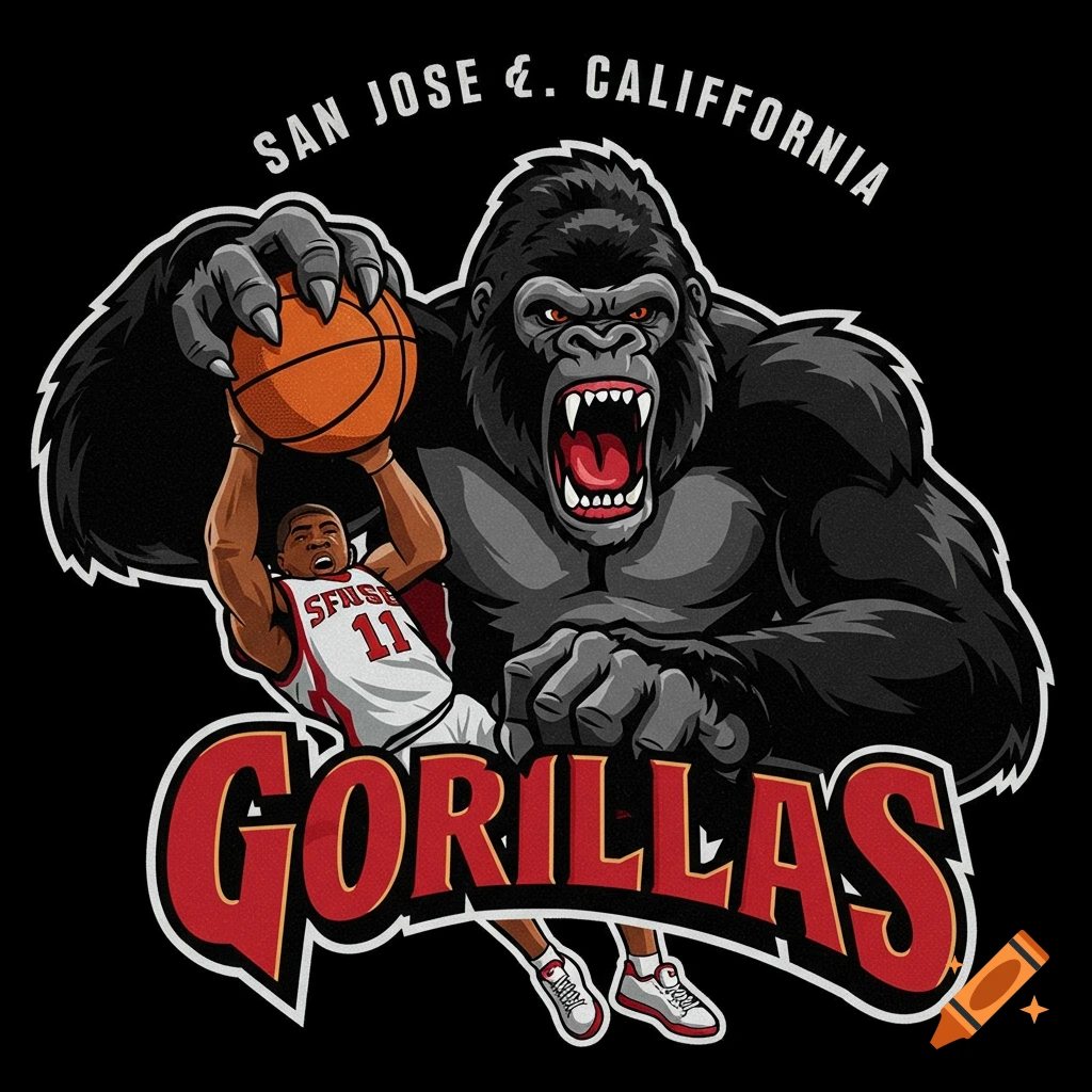 Cartoon logo featuring a fierce gorilla holding a basketball player, with text 'San Jose & California Gorillas'.