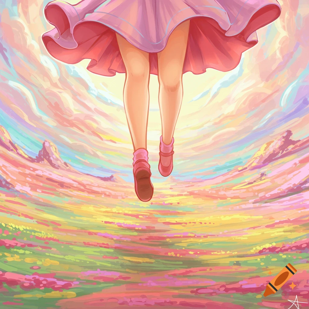 Illustration of legs in a pink skirt floating above a colorful field under a pastel sky.
