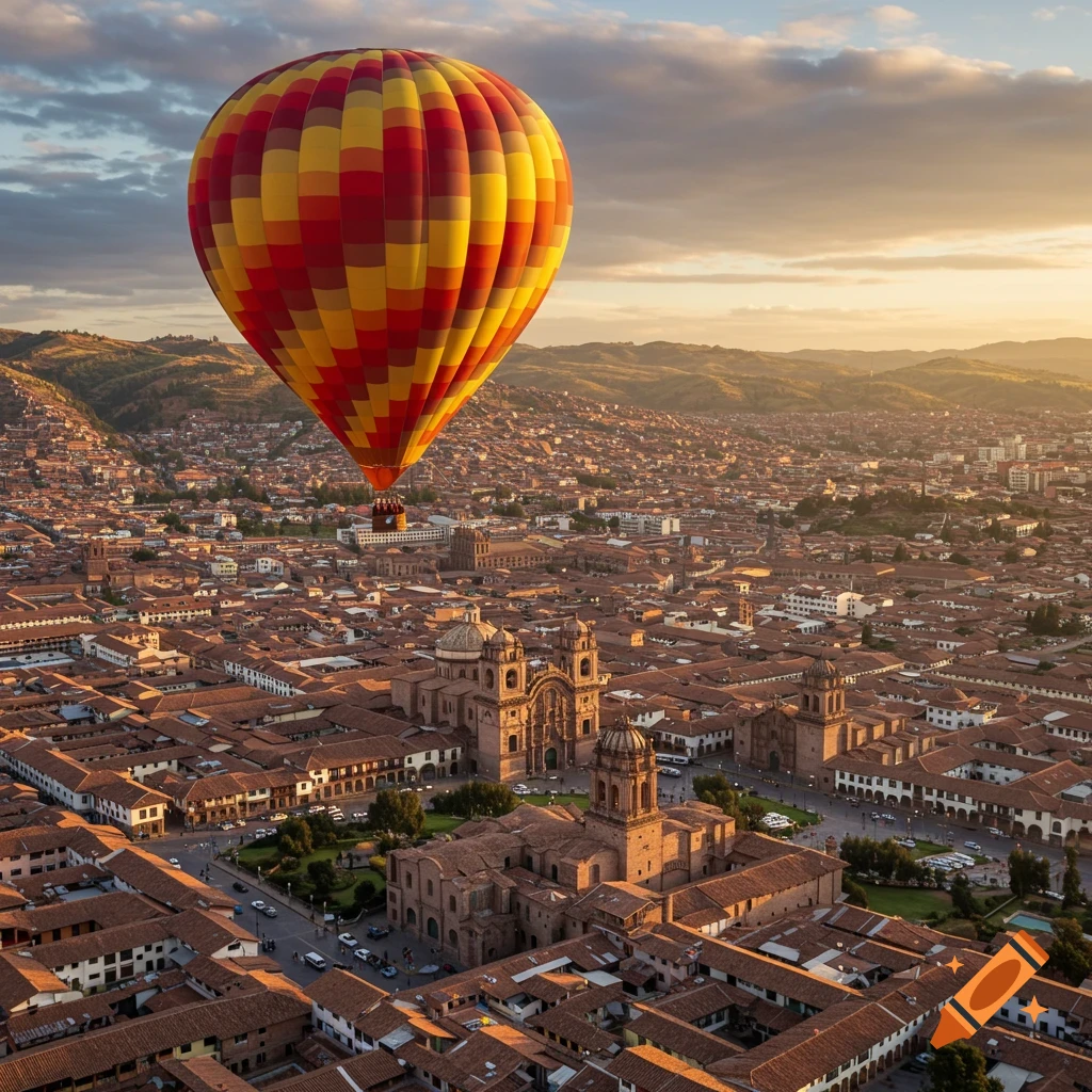 Hot air balloon over Cusco city at sunset.