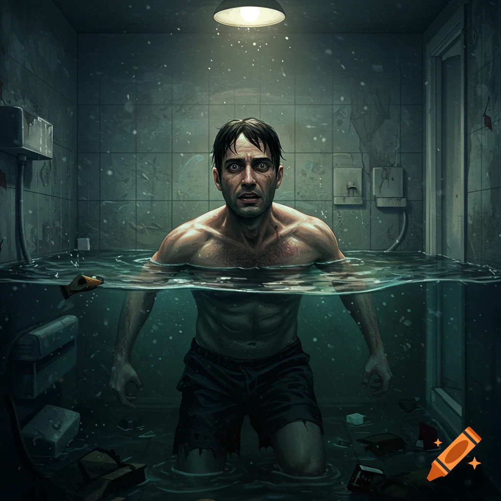 Distressed man chest-deep in floodwater in a dark, dilapidated bathroom.