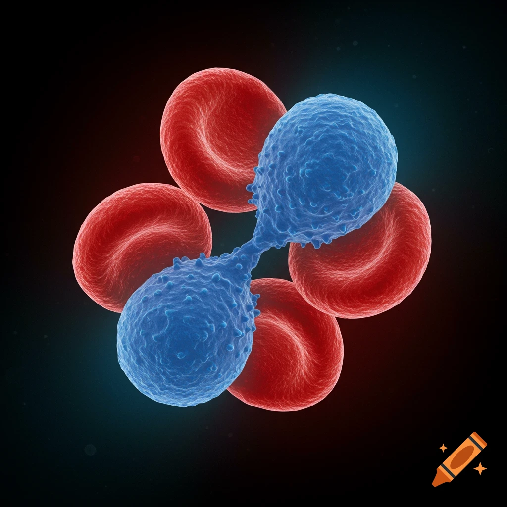 Digital rendering of red blood cells surrounding two joining blue cells